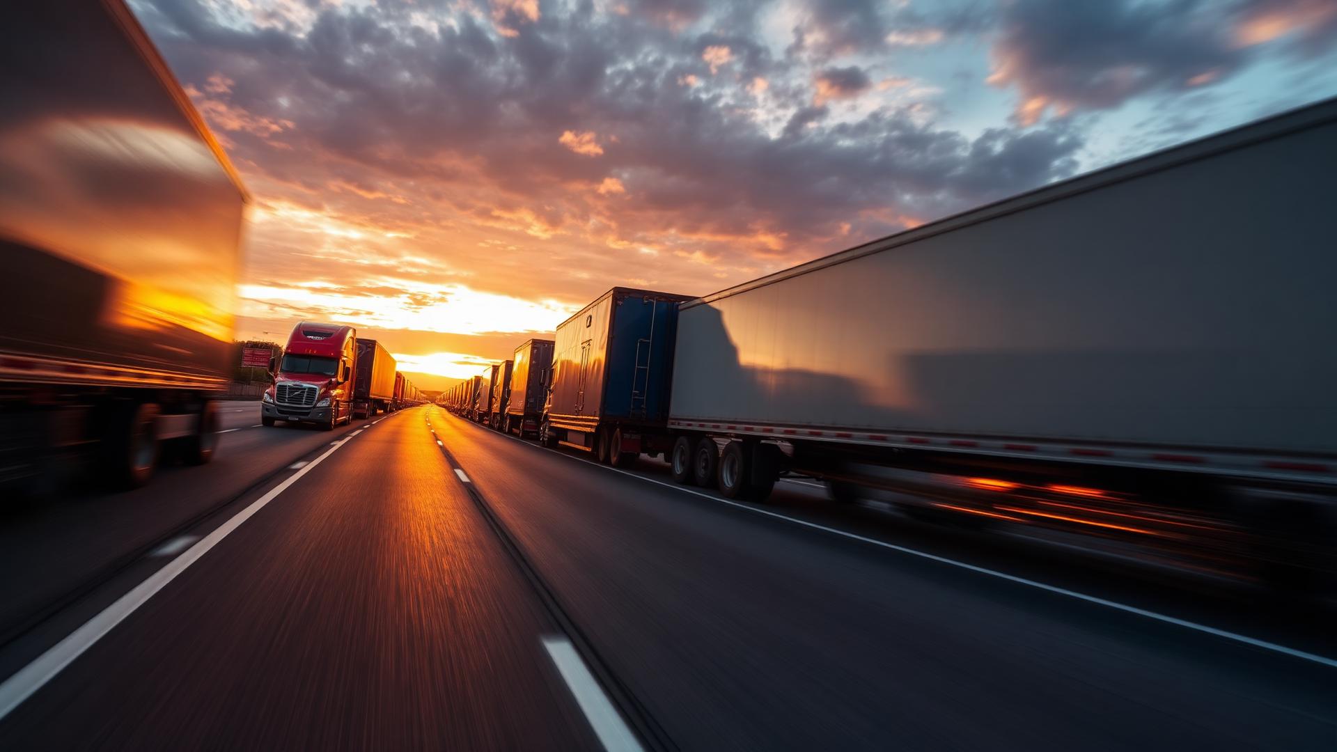 Fleet of trucks at sunset